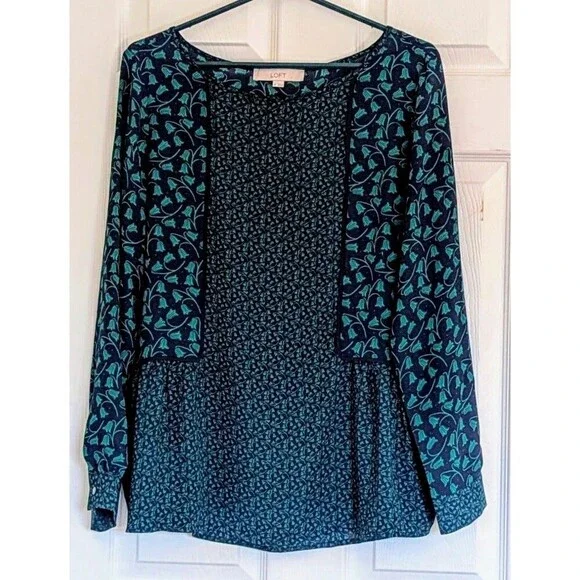 Loft Green and Navy Layered Look Long Sleeve Blouse Size Med - Picture 1 of 8
